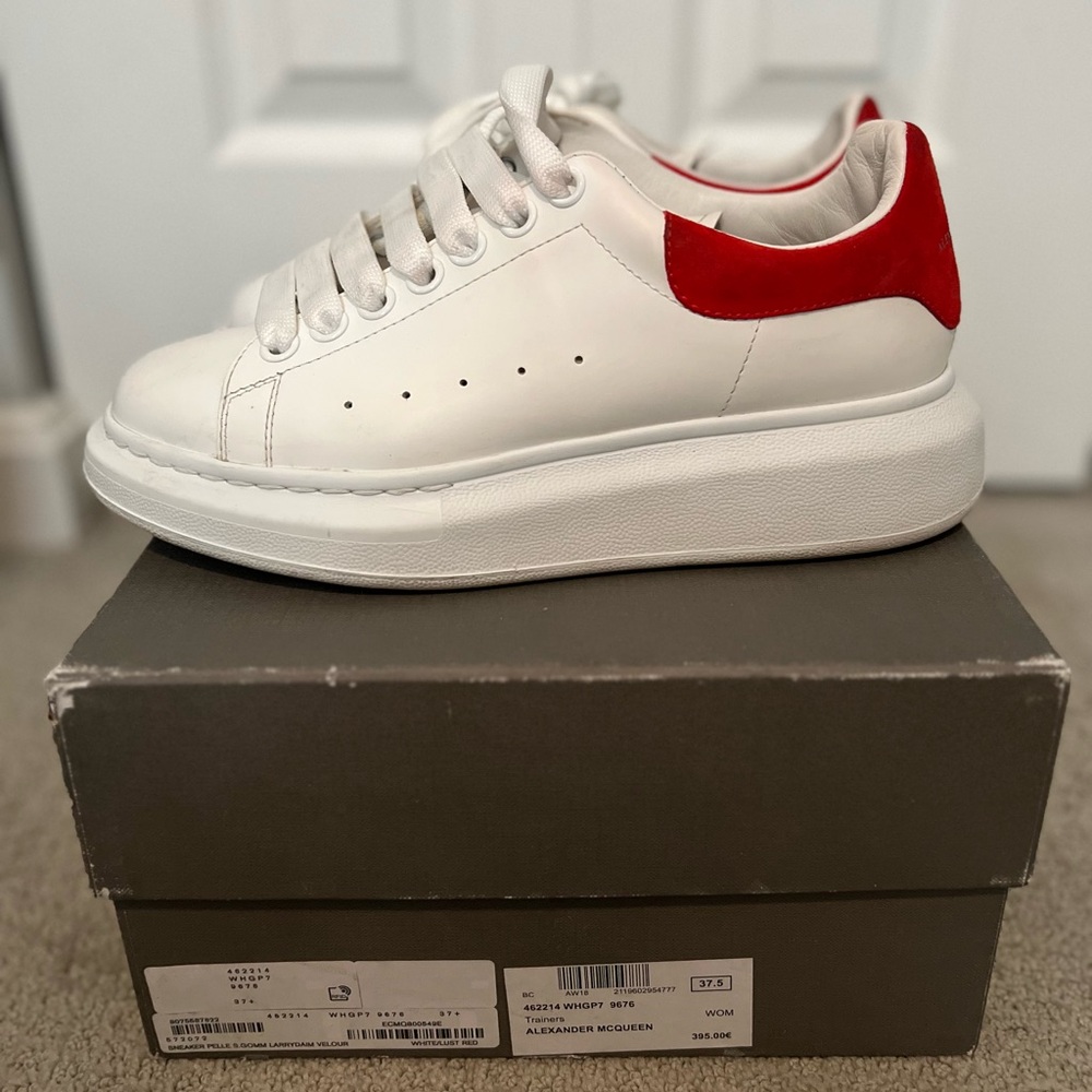 Alexander McQueen White Leather Sneakers with Red Heel Tab